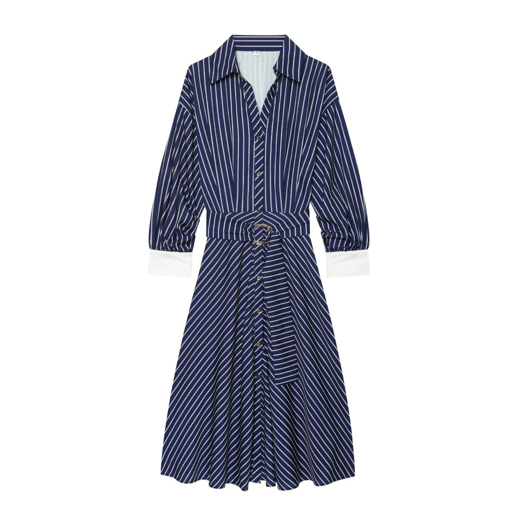 Women's with belt striped shirt style dress