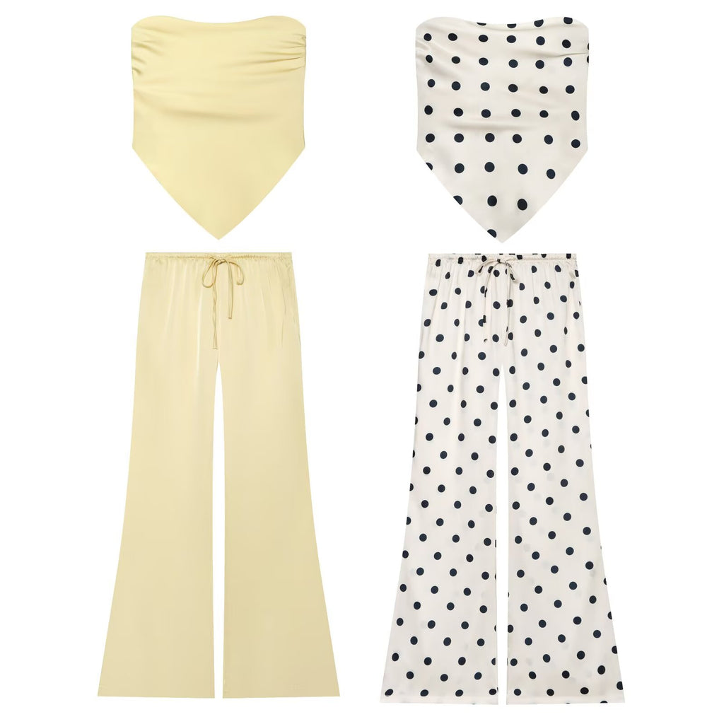 suit Women's 2 pieces satin textured strapless top+polka dot pants