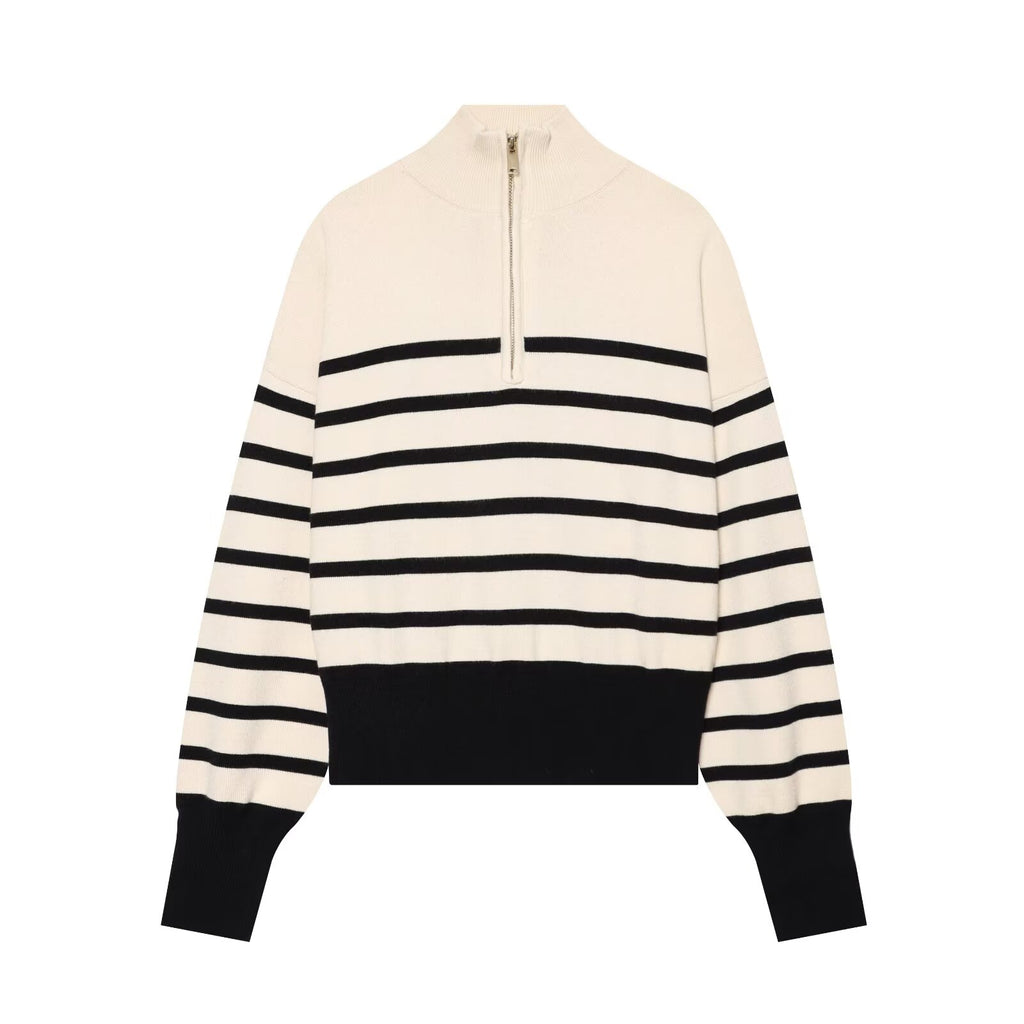 Women's soft textured zipper striped knitted sweater