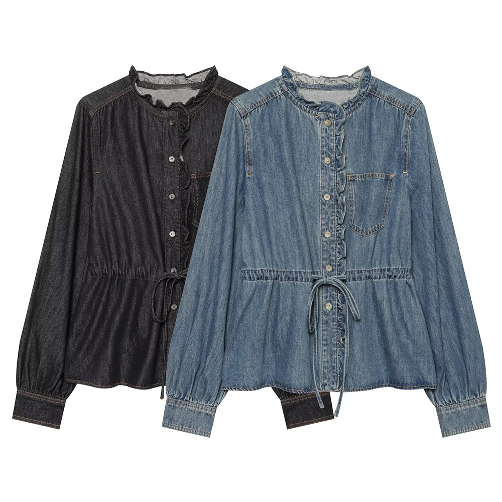 Women's ruffled waistband decorative denim shirt