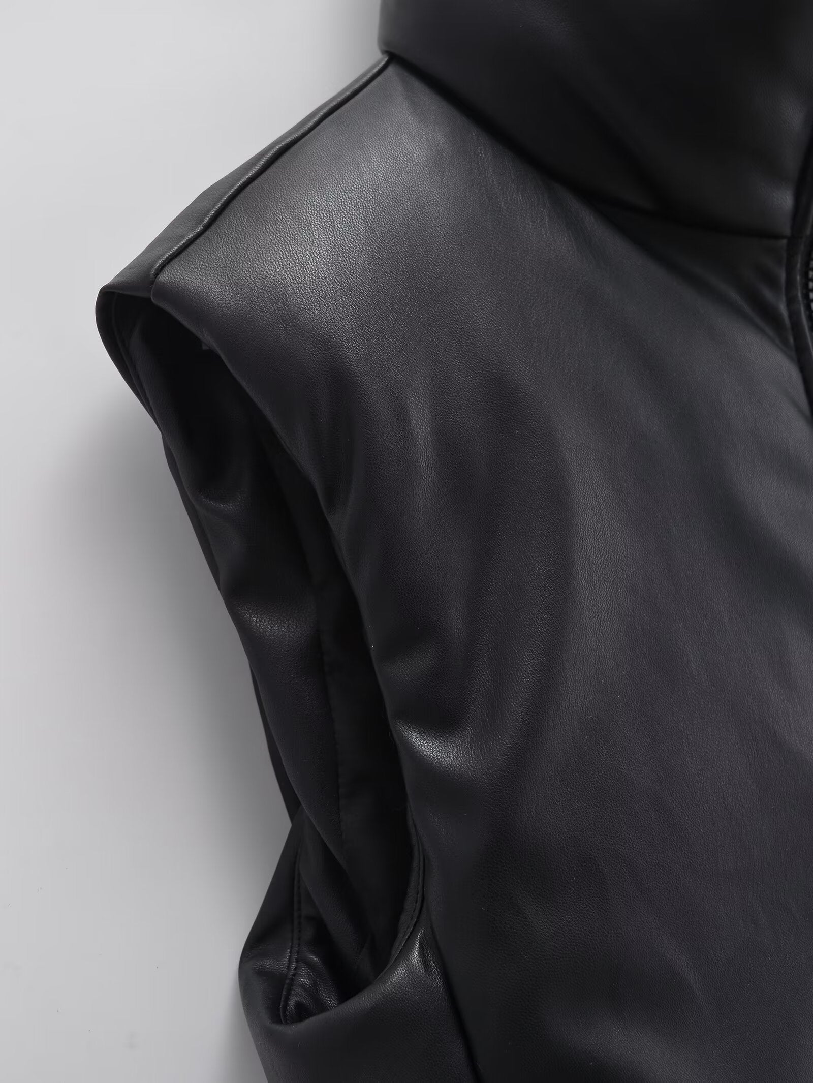 Women's short standing collar Faux Leather cotton vest