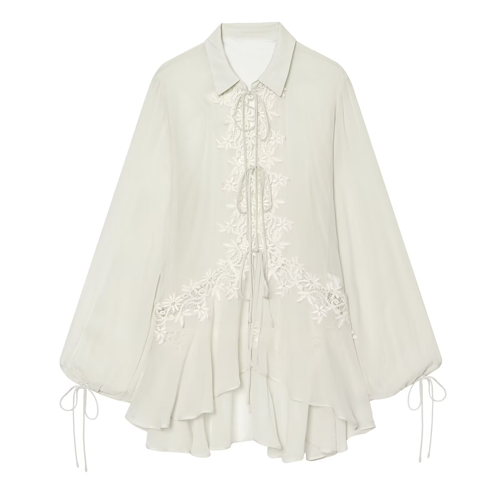 Women's long sleeved lapel embroidered lace shirt