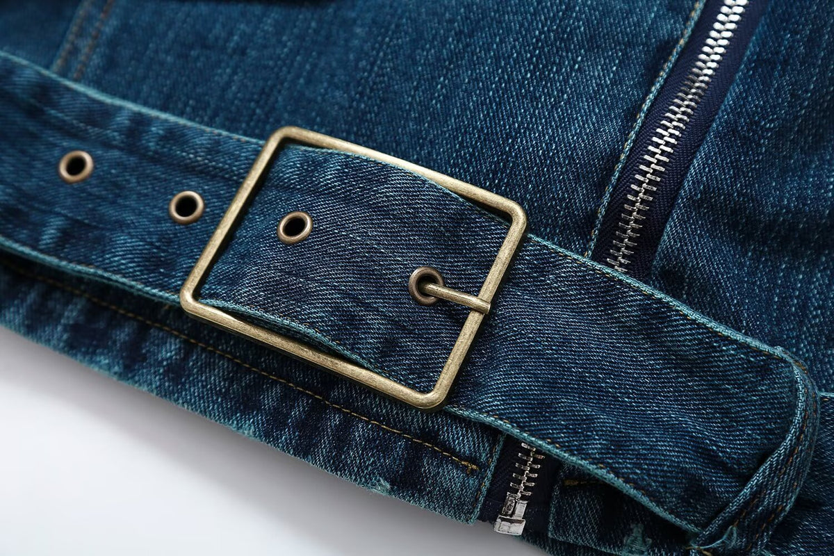 Women's belt decoration denim motorcycle style jacket Coat