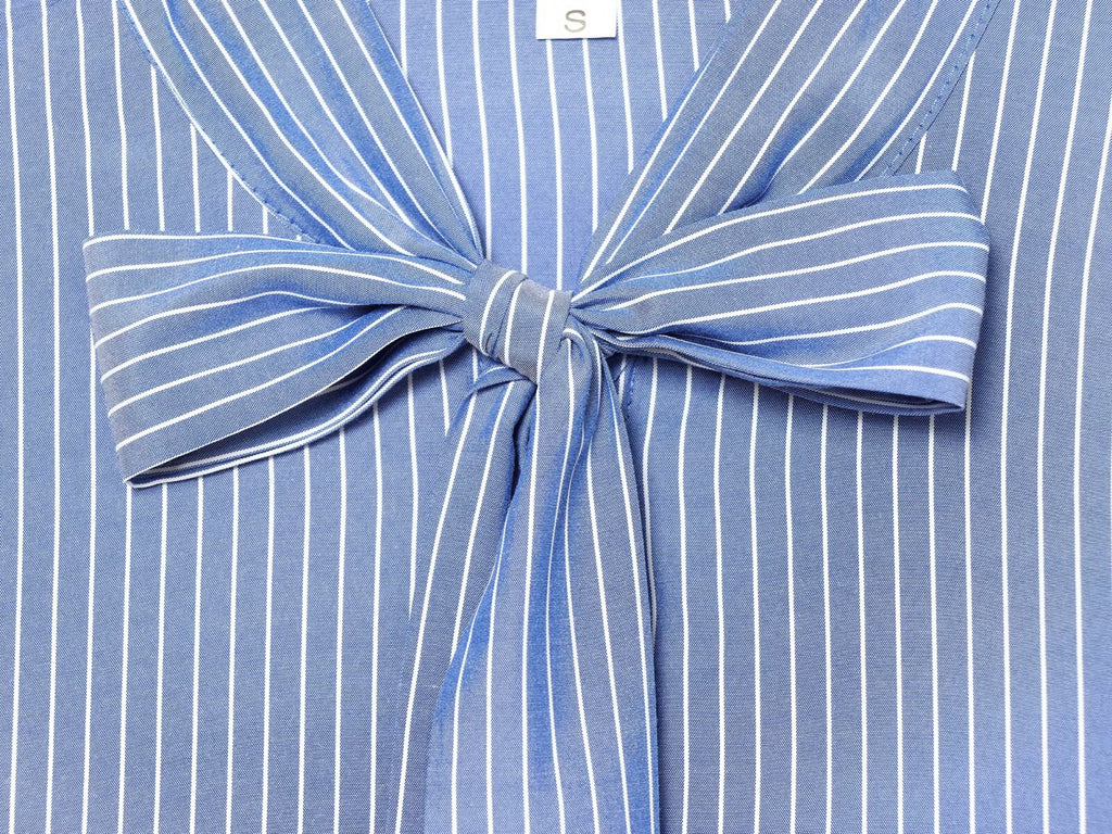 Women's waist cinched long sleeved striped shirt