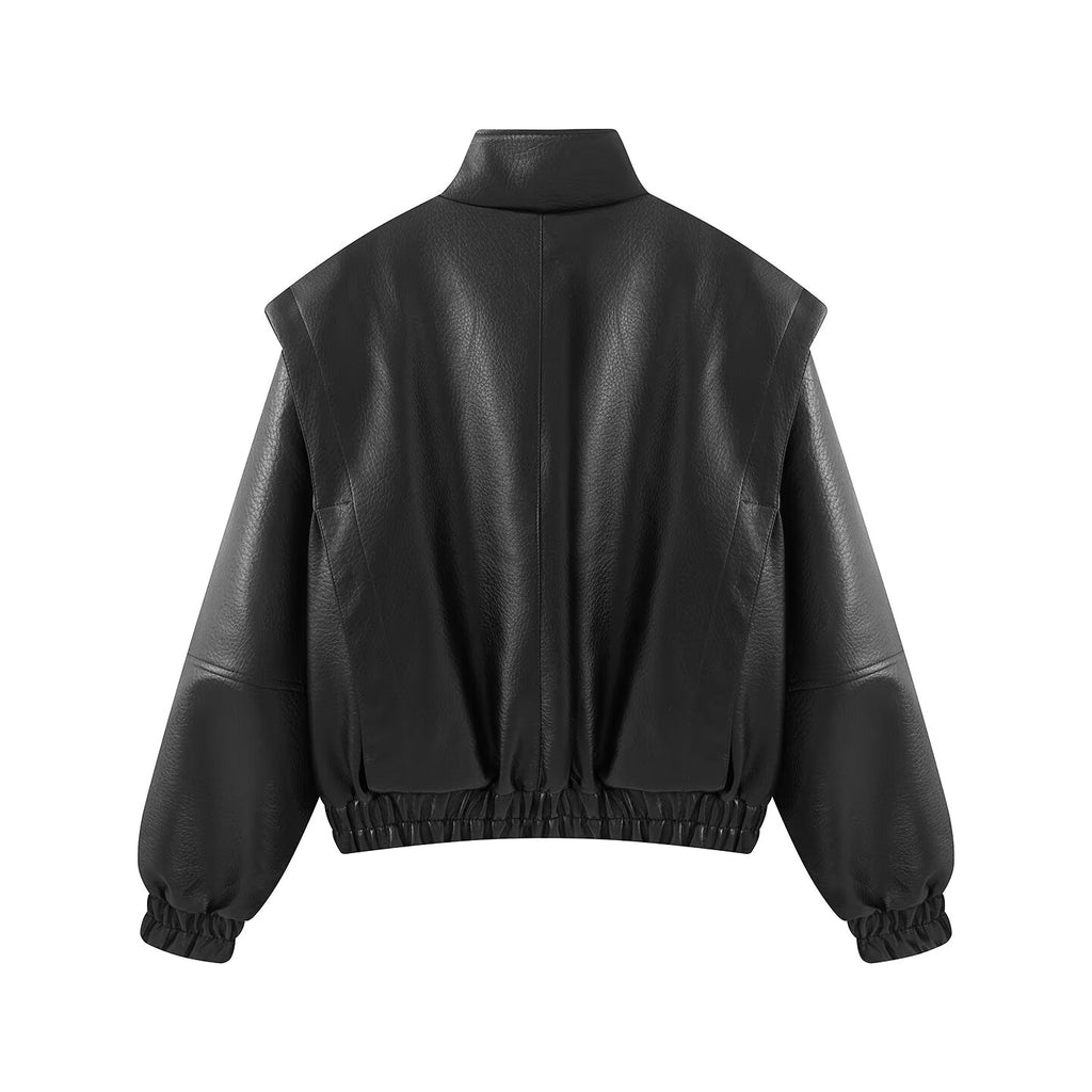 Women's stand collar fake two-piece Faux Leather jacket