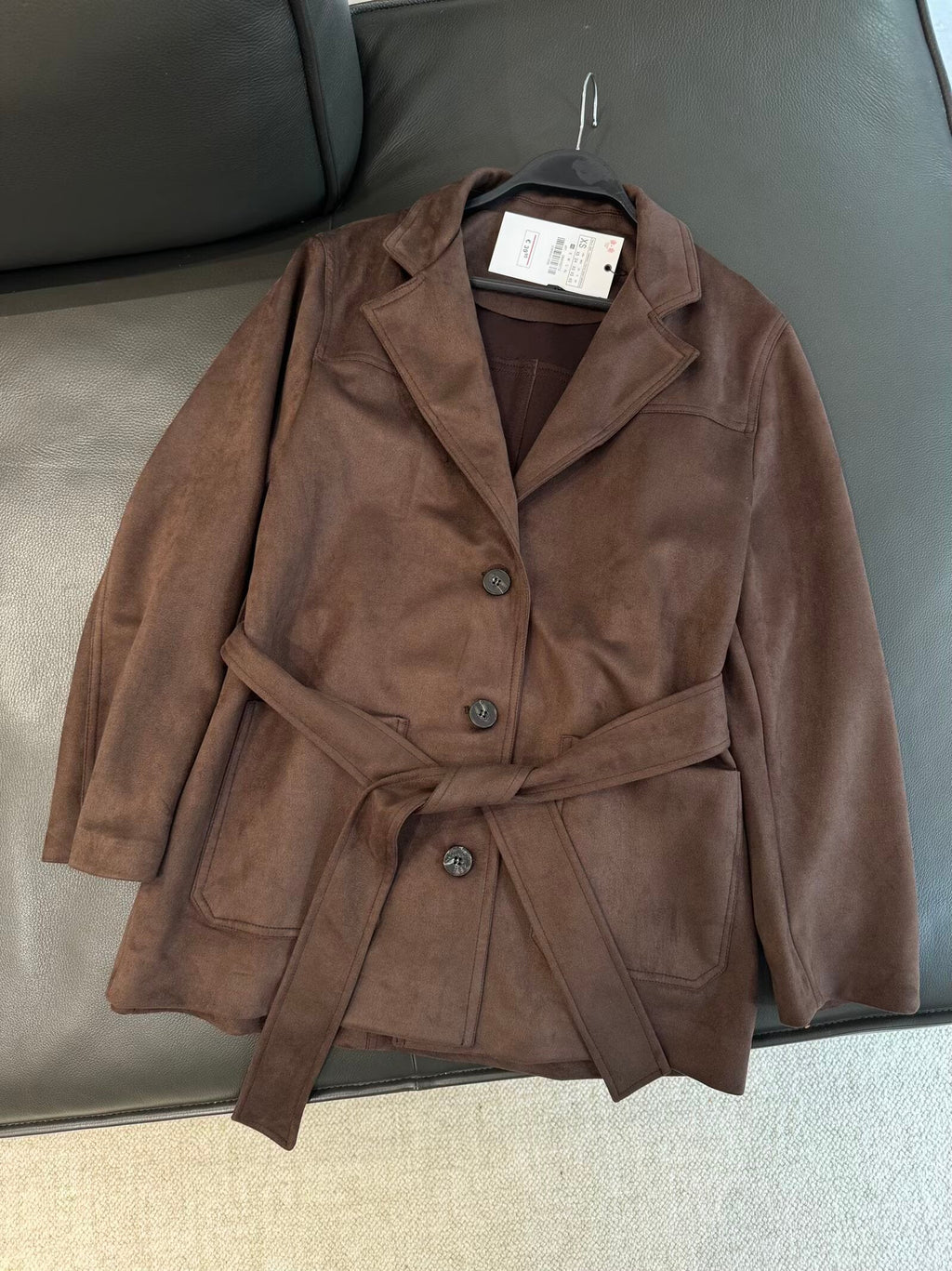 Women's new fashion with Belt Anti suede effect lapel jacket Coat
