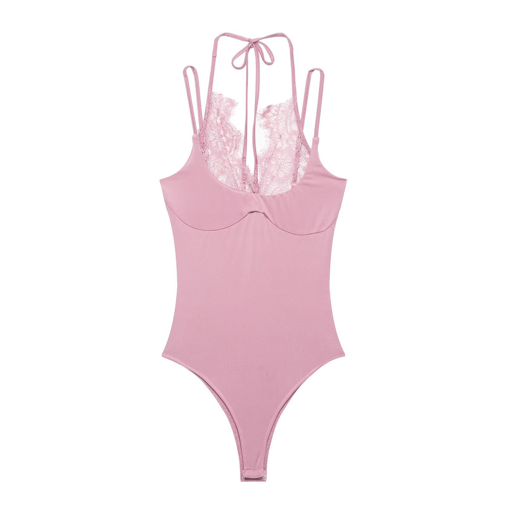 Women's lace patchwork halter neck bodysuit