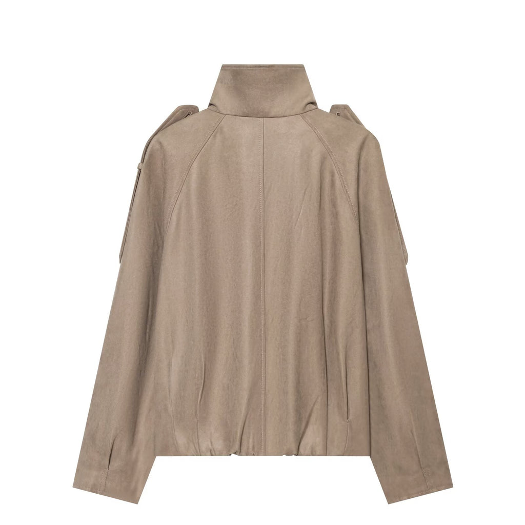 Women's suede textured stand collar double breasted Coat