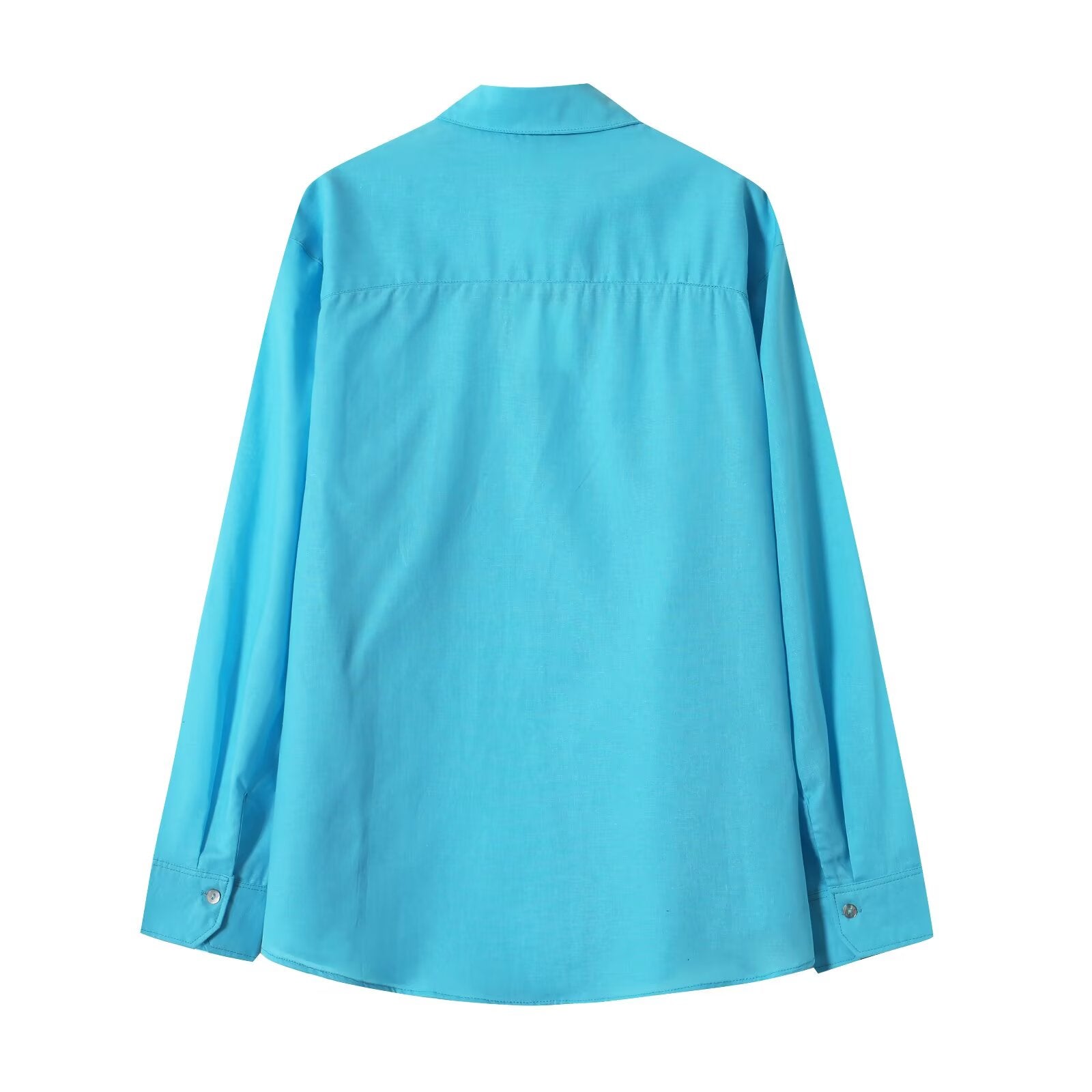 Women's pocket decoration long sleeved ramie shirt