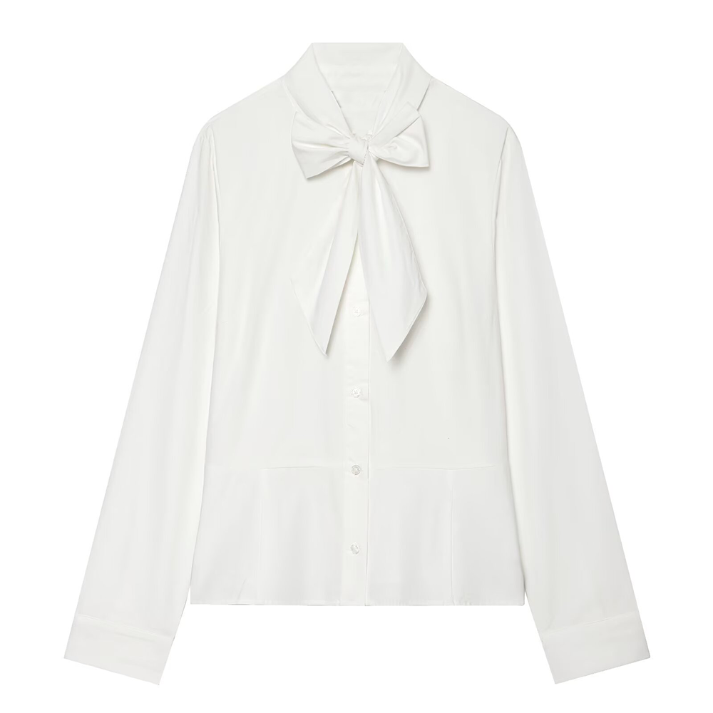Women's bow decoration stand collar striped shirt