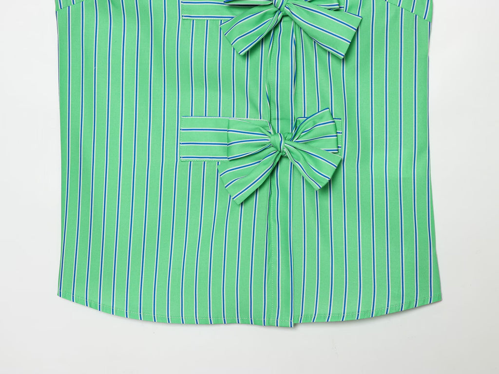 Women's bow decoration striped sleeveless shirt