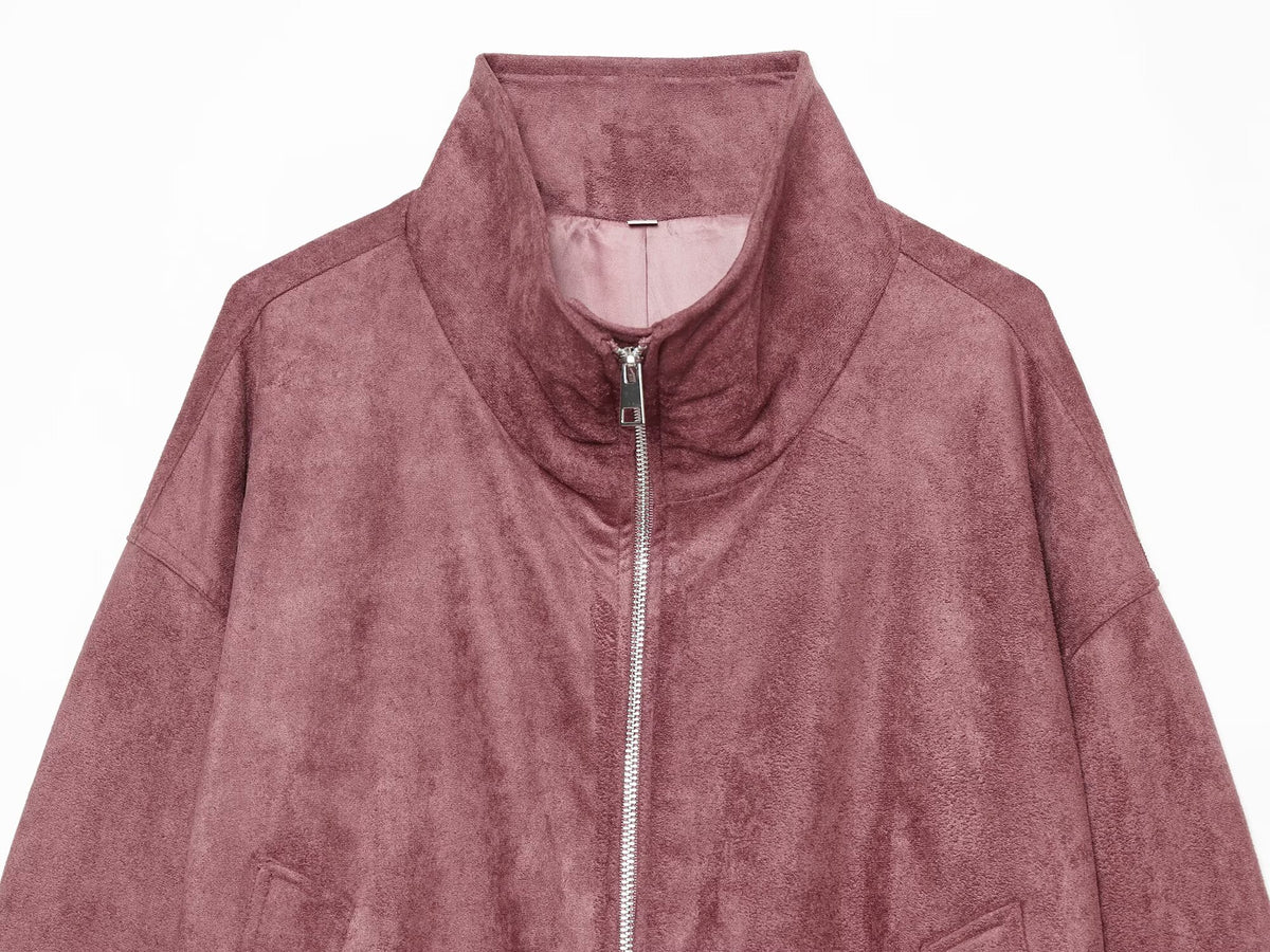 Women's standing collar leather effect pilot jacket Coat