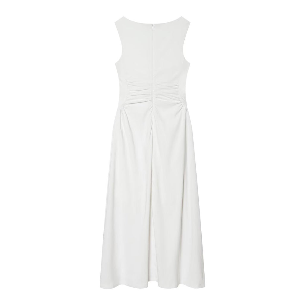Women's U-neck pleated waist MIDI dress