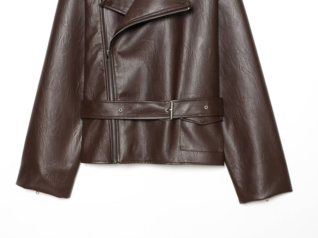 Women's With Belt short Faux Leather jacket Coat
