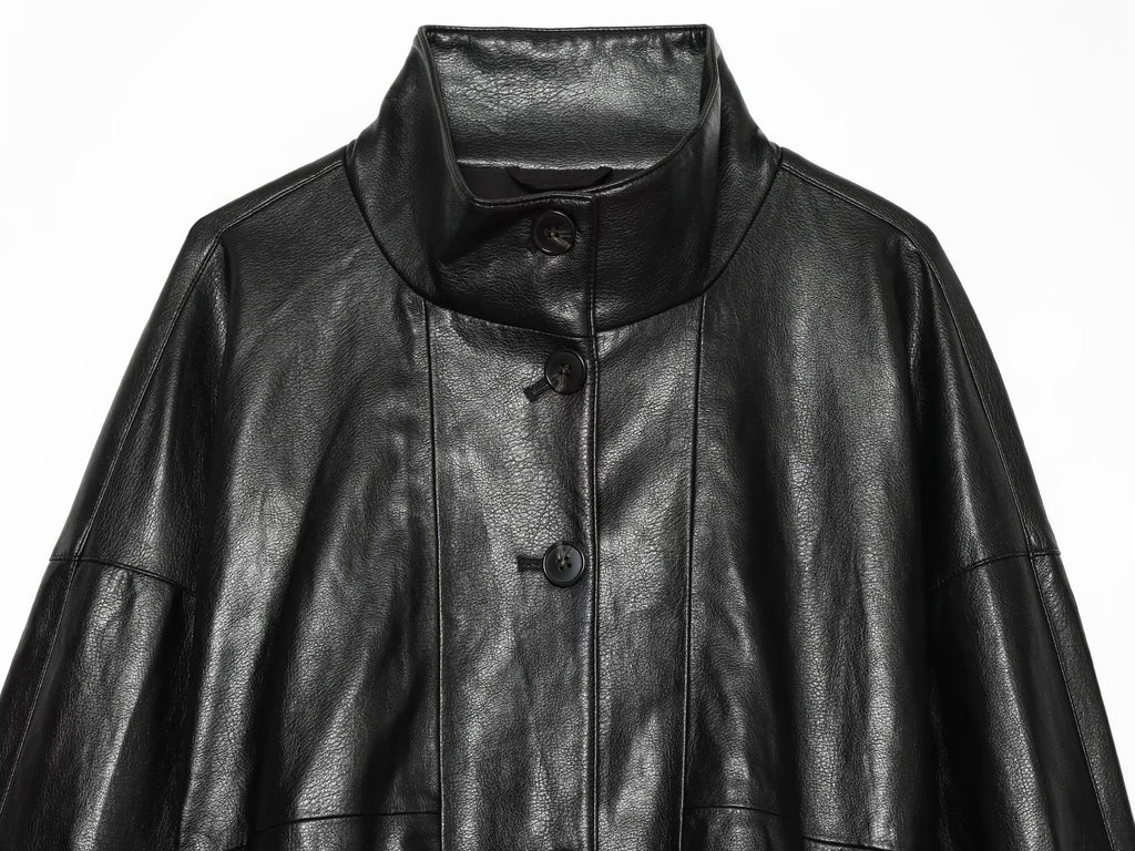Women's black chimney collar faux leather Coat