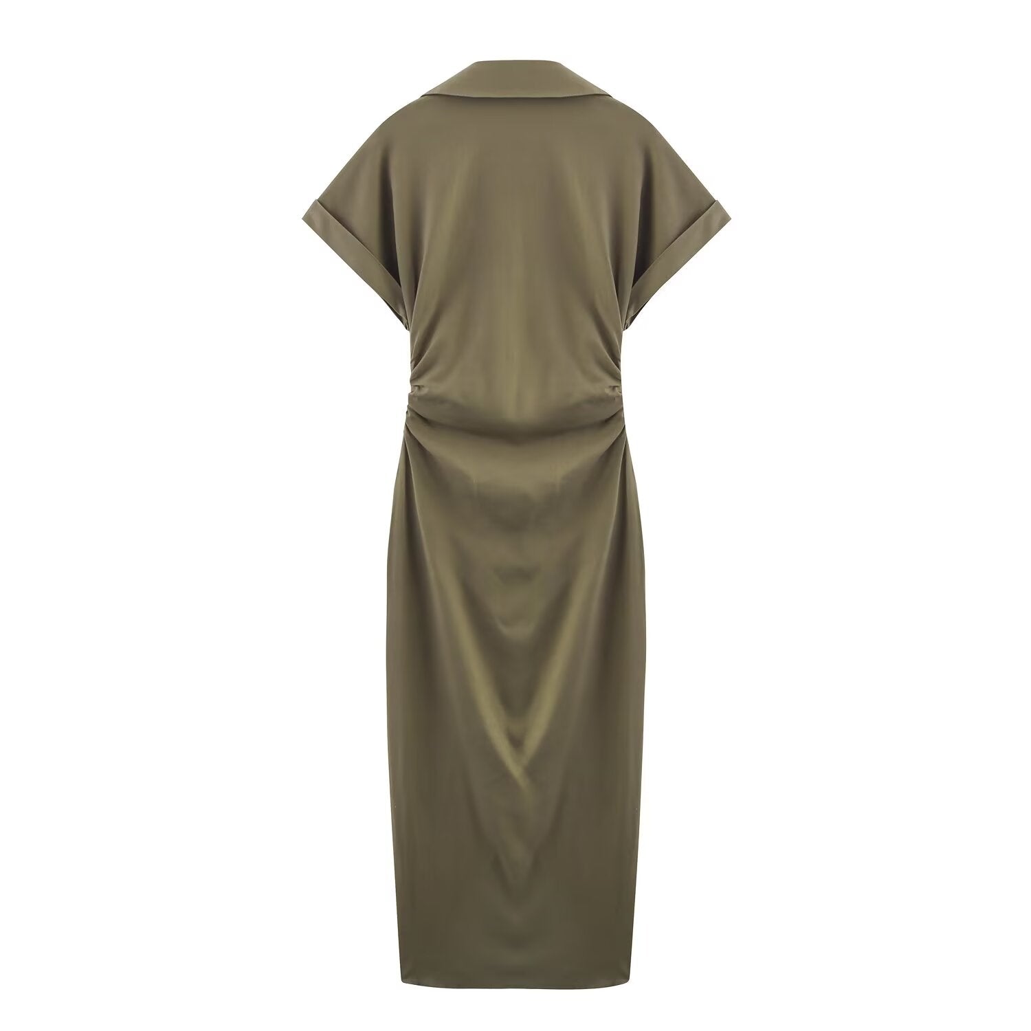 Women's new chic fashion pleated decoration slim single breasted linen blended MIDI dress retro short sleeved women's dress