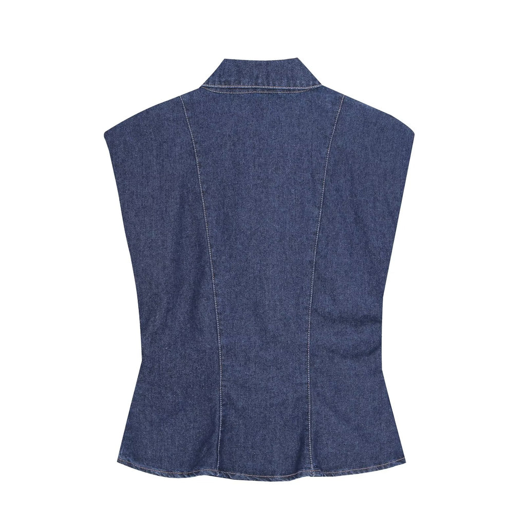 suit Women's 2 pieces pocket decoration sleeveless denim shirt+bucket jeans