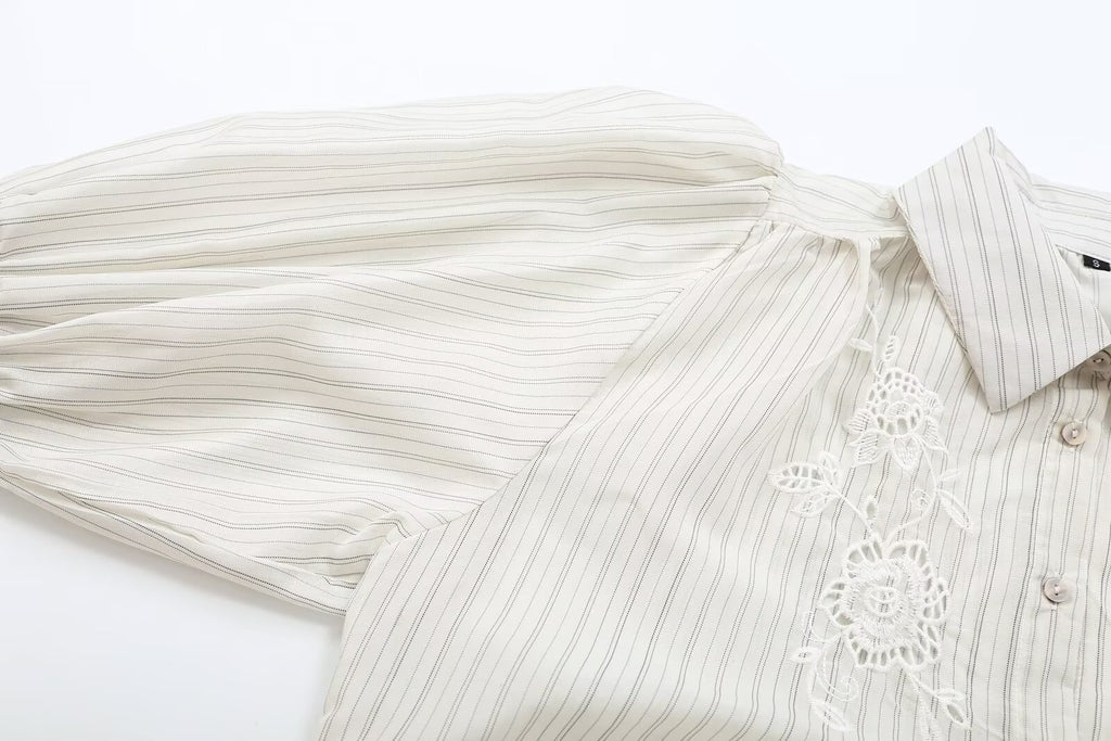 Women's hollowed out embroidered striped shirt