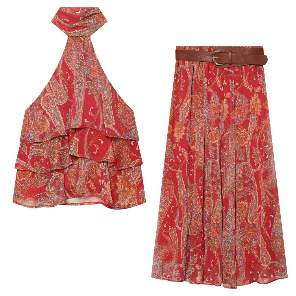 suit Women's 2 pieces printed hanging collar top+Skirts