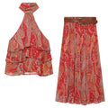 suit Women's 2 pieces printed hanging collar top+Skirts