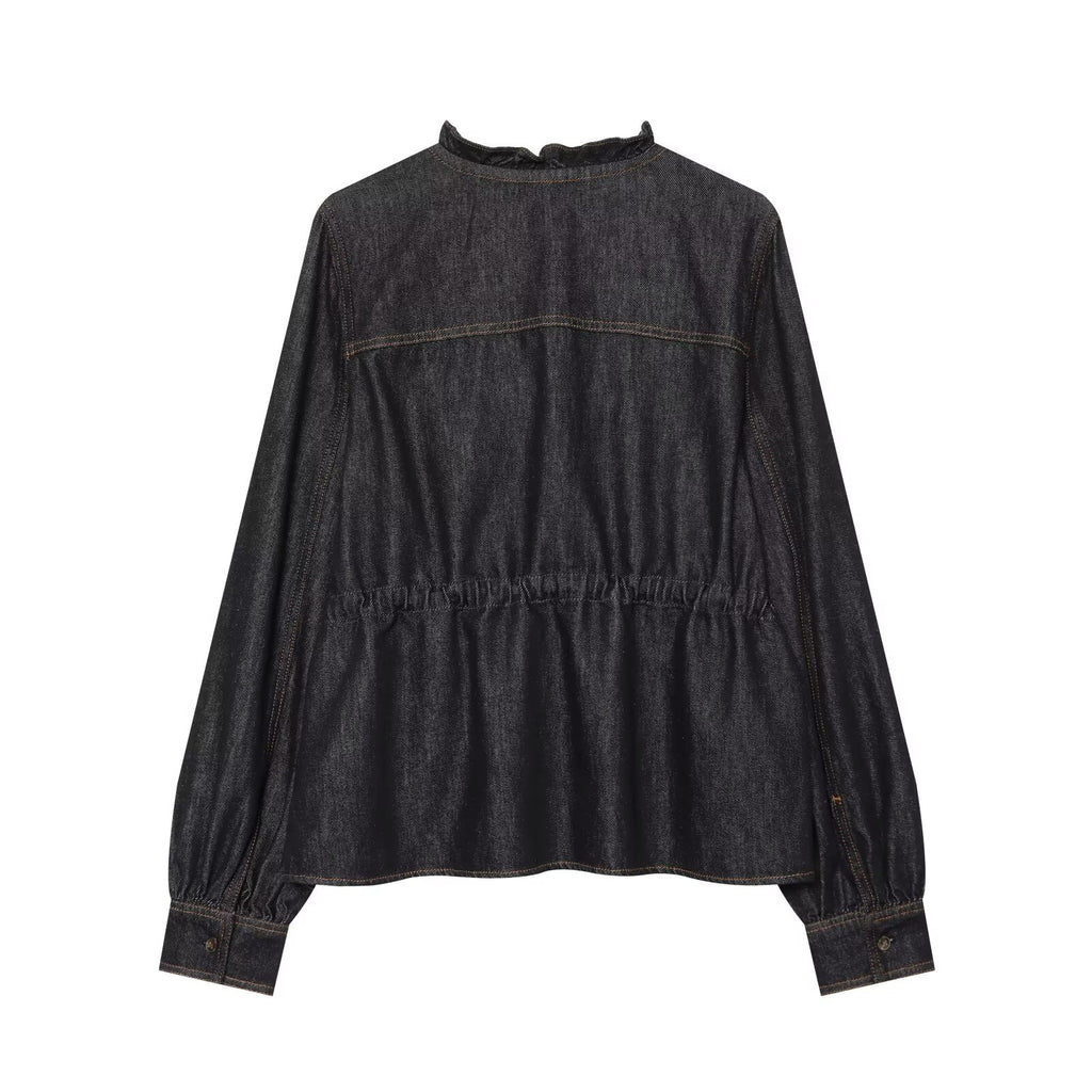 Women's ruffled waistband decorative denim shirt