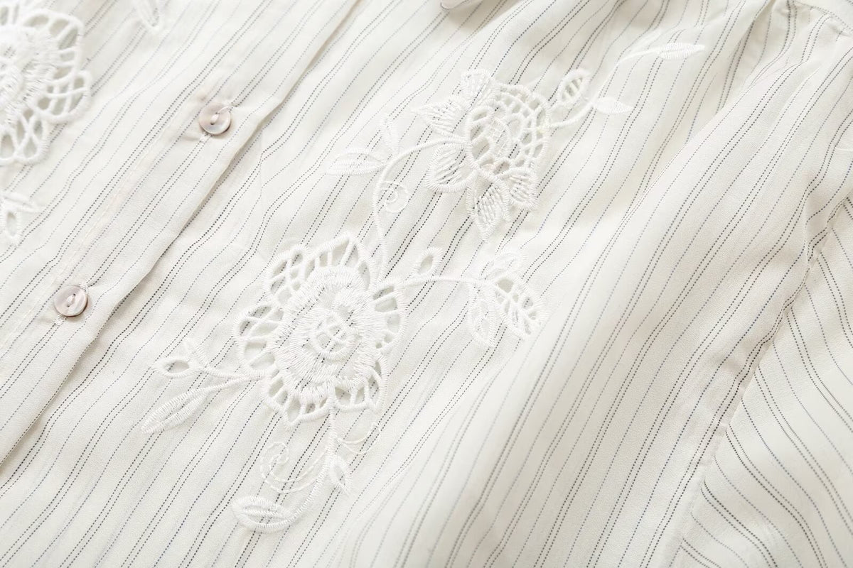 Women's hollowed out embroidered striped shirt