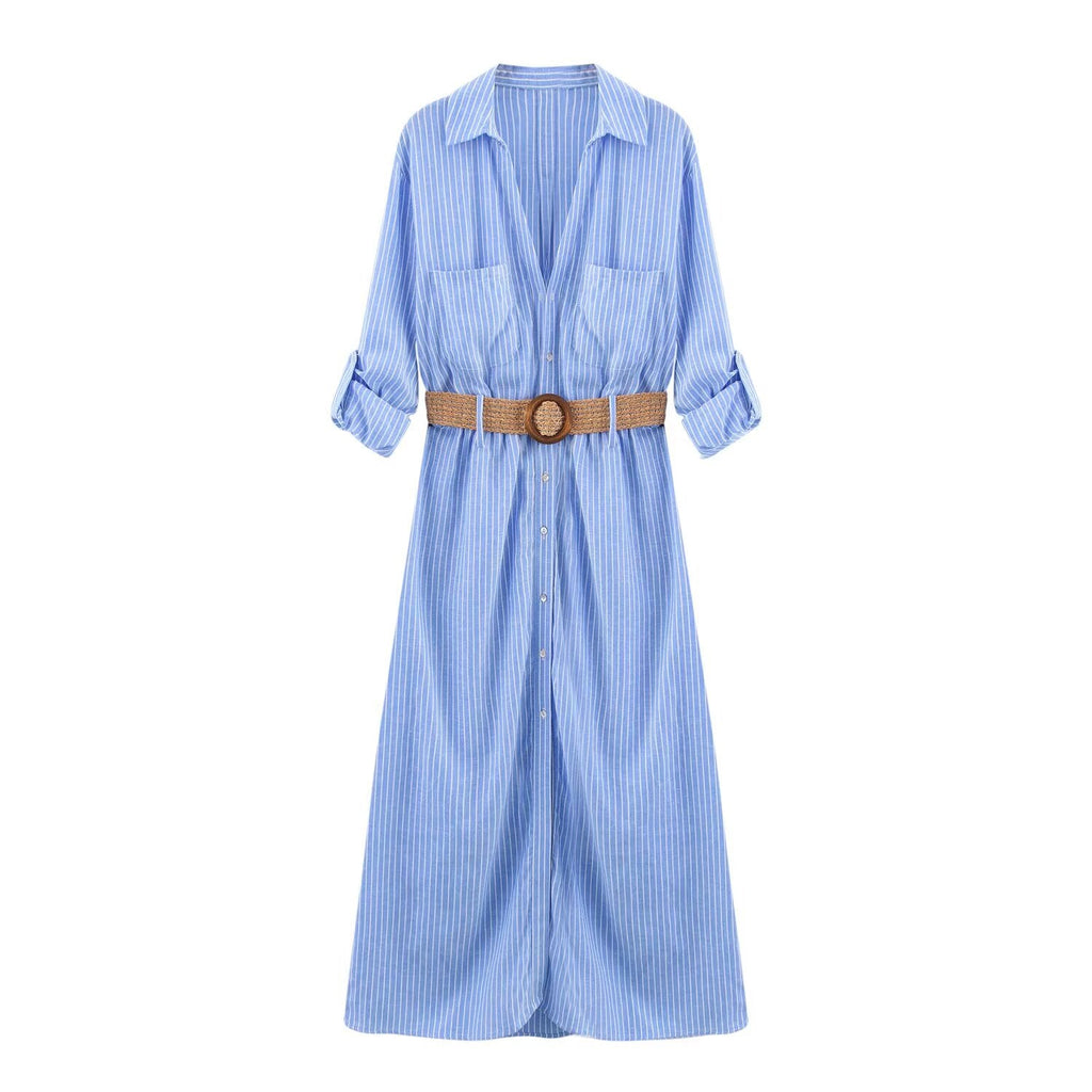 Women's 2025 fashion chic retro women's dress with belt midi skirt