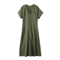 Women's new fashion short sleeved linen blended V-neck MIDI dress