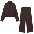 suit Women's 2 pieces stand collar zipper pilot jacket Coat+wide leg pants