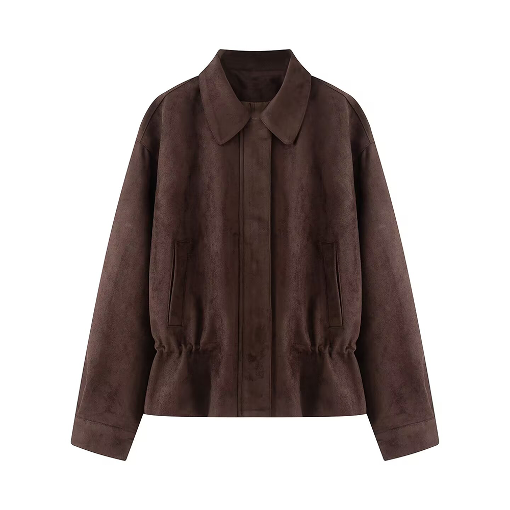Women's suede textured waist cinched retro jacket
