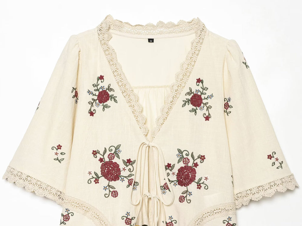 suit Women's 2 pieces floral embroidered lace up top+shorts