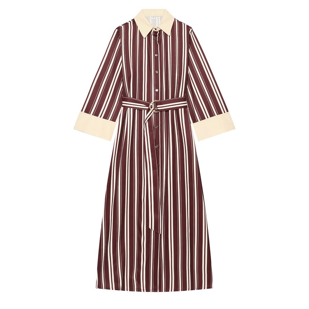 Women's with belt striped shirt style MIDI dress