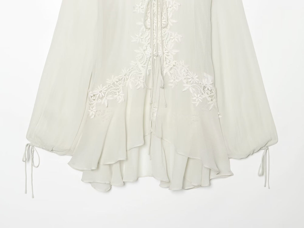 Women's long sleeved lapel embroidered lace shirt