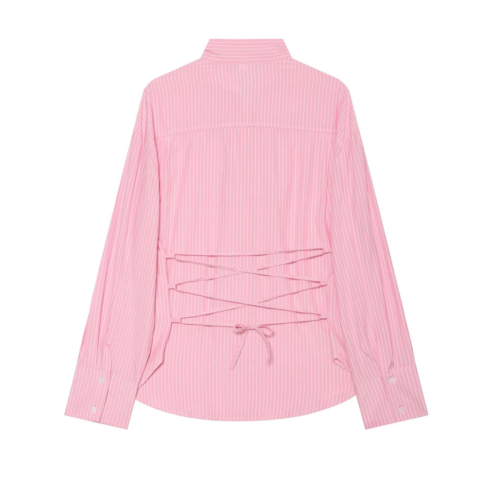 Women's waist cinched long sleeved striped shirt