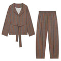 suit Women's 2 pieces with Belt linen blend striped Blazer Coat+Pants