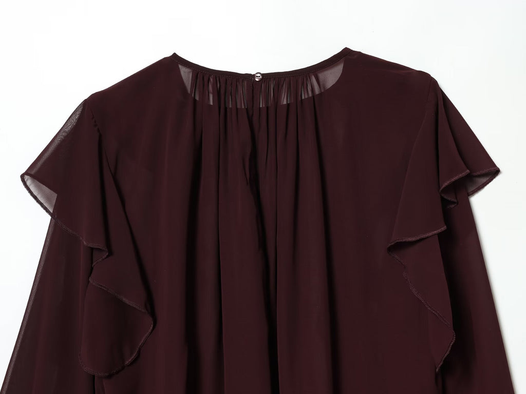 Women's ruffled edge decoration O Neck pleated top