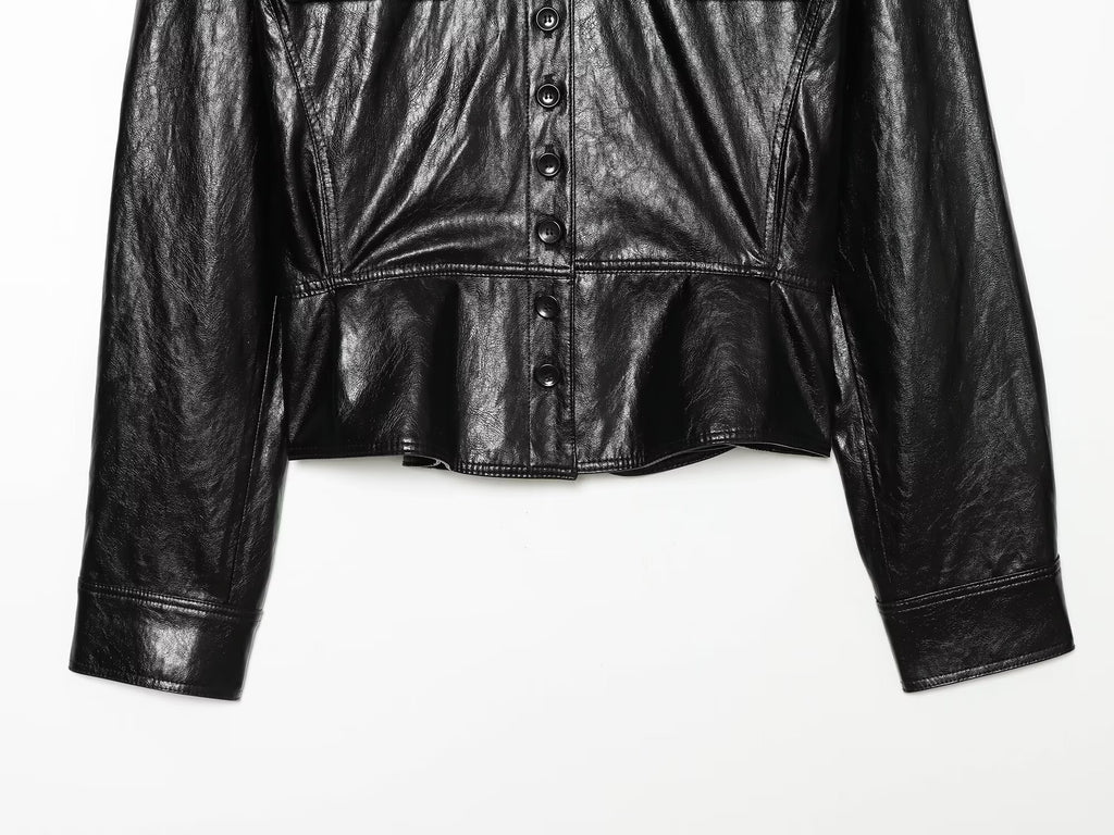 Women's short skirt style hem leather effect jacket