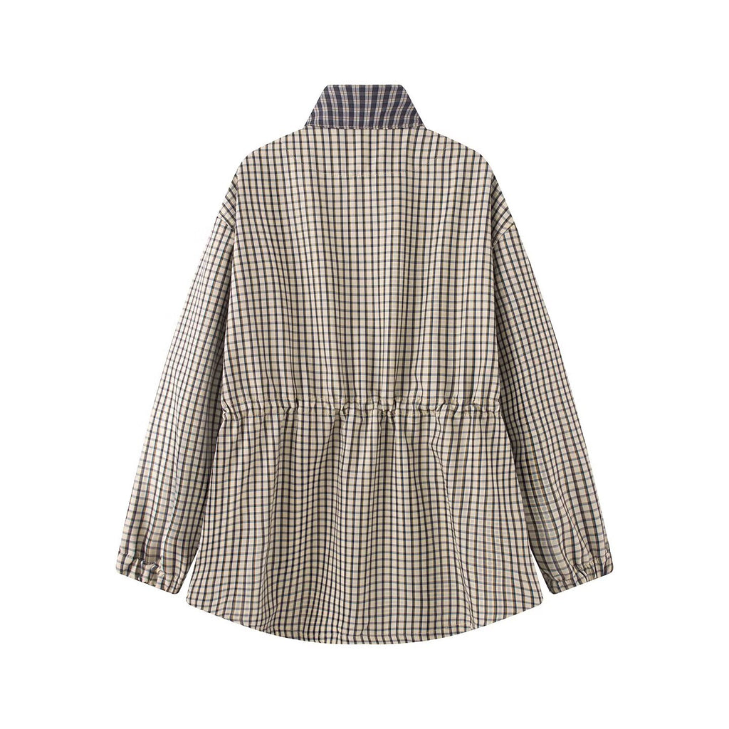 Women's stand collar casual waist cinched plaid Coat