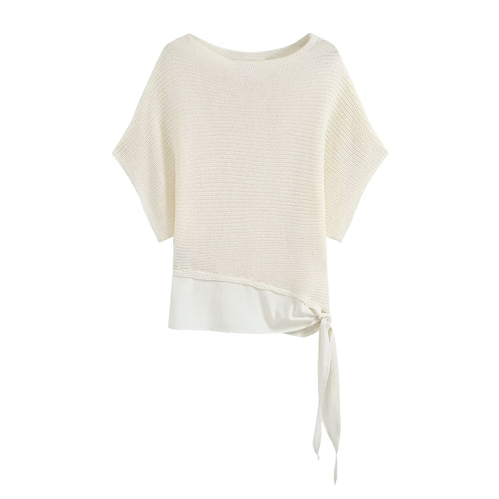 Women's knot decoration splicing knitted top