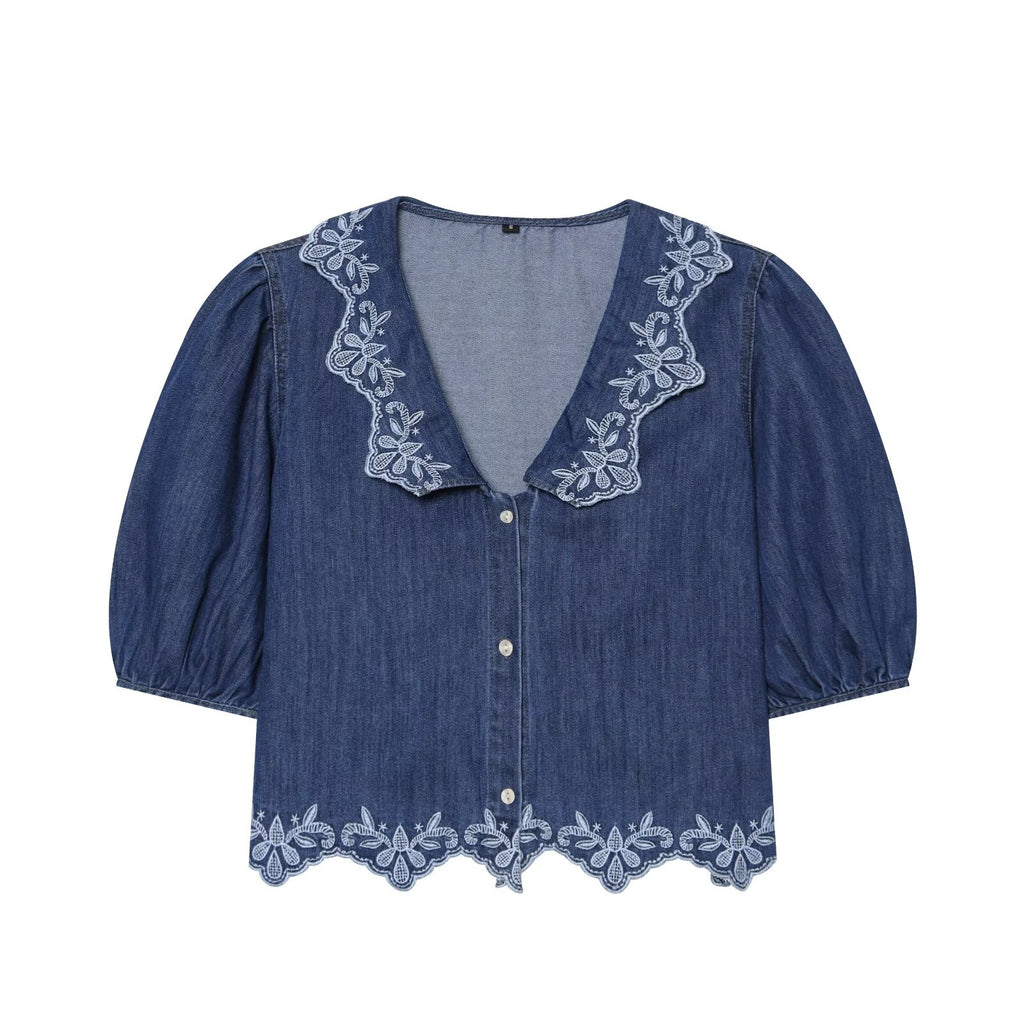 Women's embroidered short denim shirt