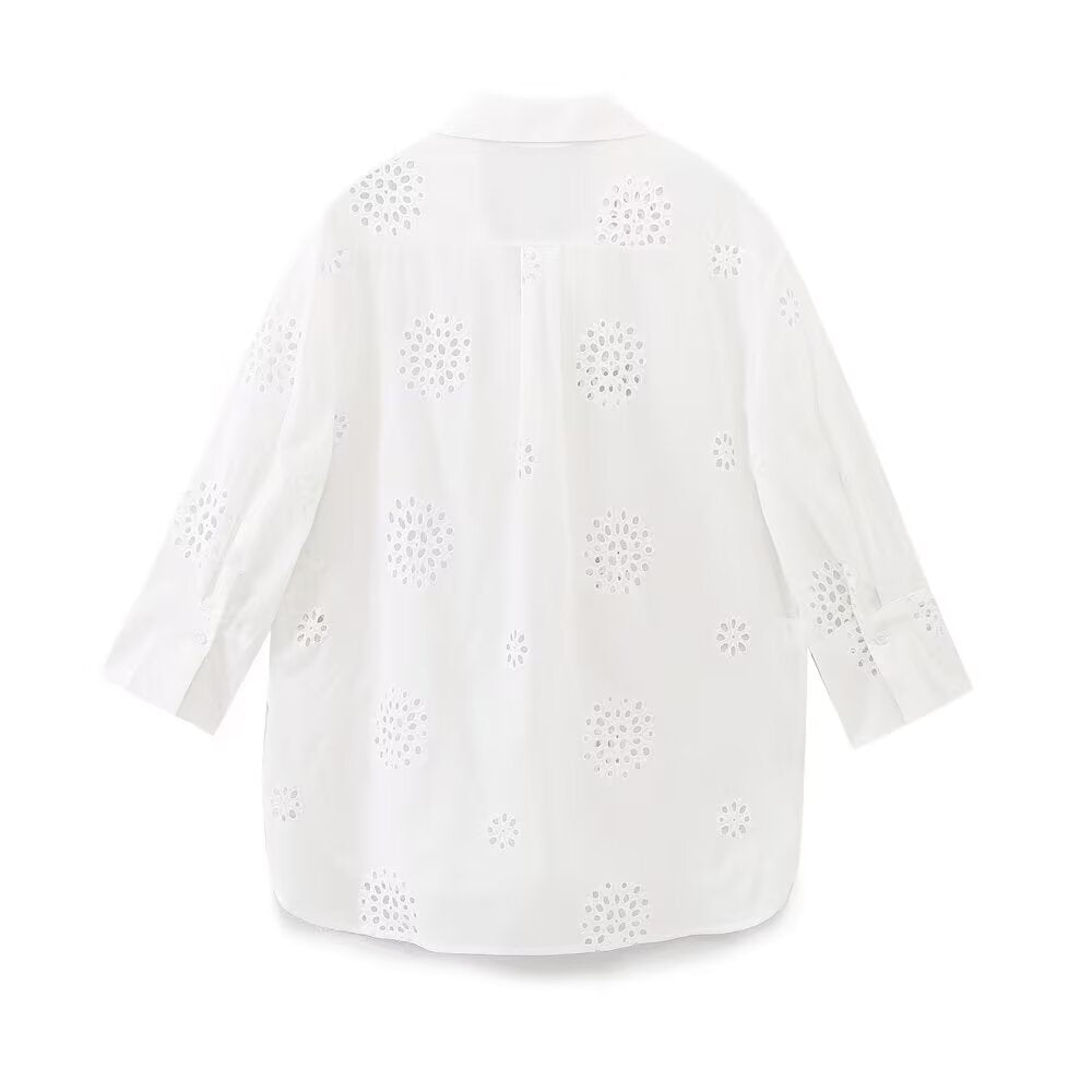suit Women's 2 pieces loose hollow embroidered shirt+Shorts