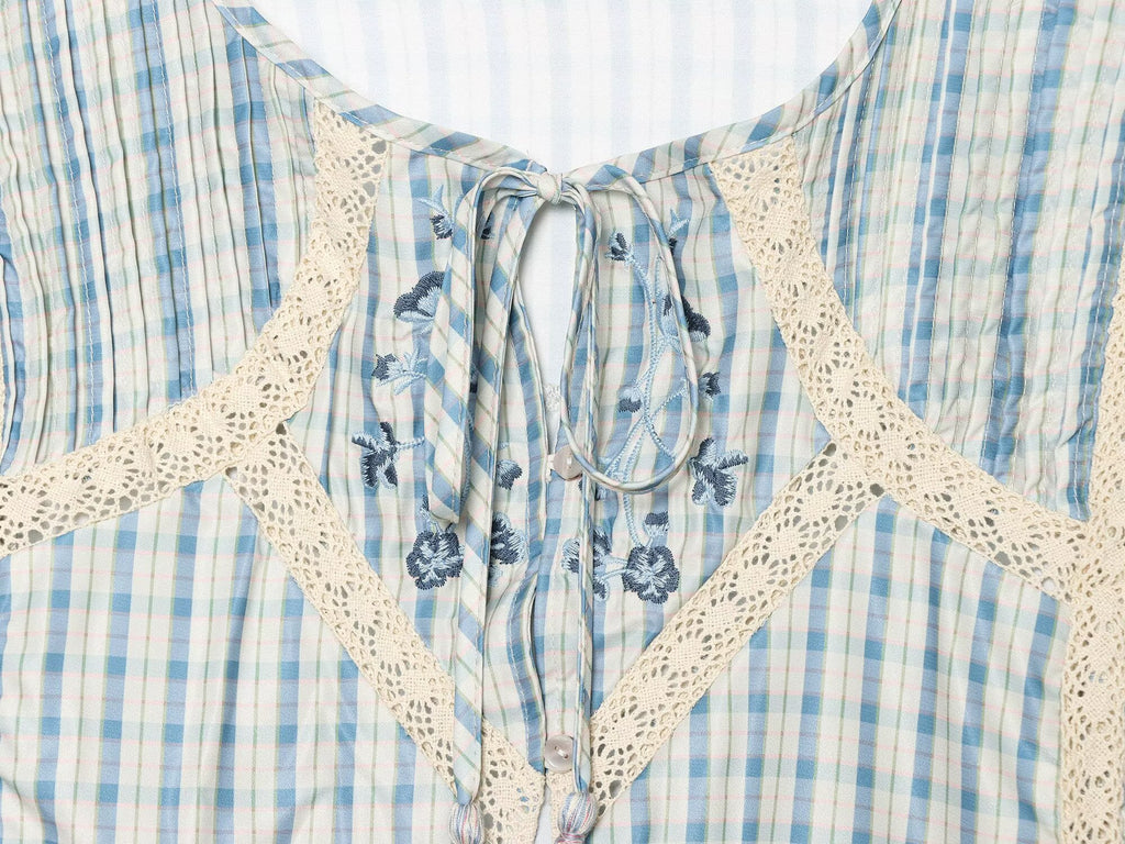 Women's embroidered Plaid short sleeved top