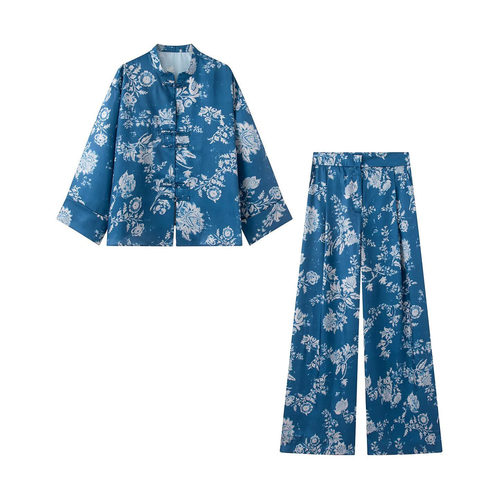 suit Women's 2 pieces new Chinese style stand collar printed top+Pants