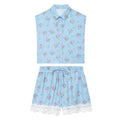 suit Women's 2 pieces striped printed shirt+striped lace shorts
