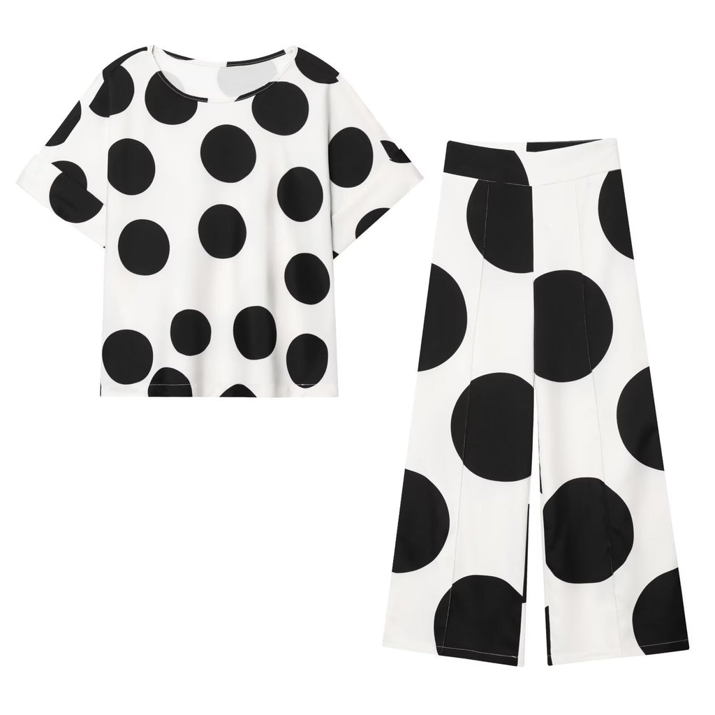 suit Women's 2 pieces O Neck short sleeved polka dot top+Pants
