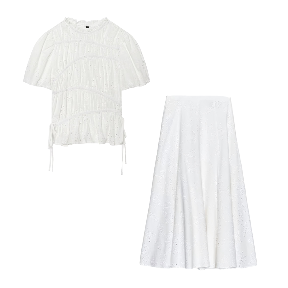 suit Women's 2 pieces pleated hollowed out embroidered top+Skirts