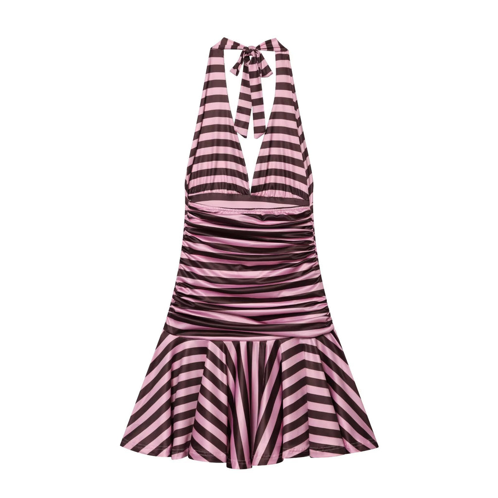 Women's striped pleated V-neck halter neck dress