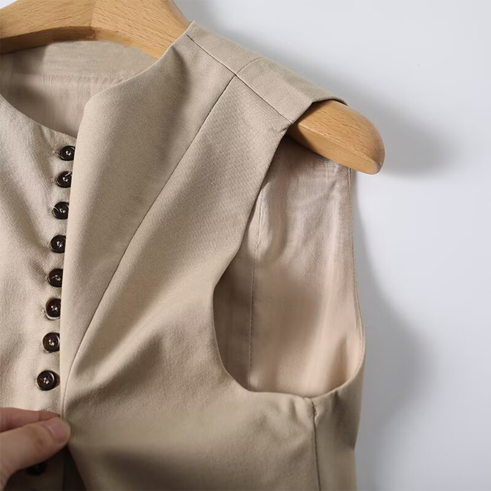 suit Women's 2 pieces Buckle design casual linen blended vest+Pants