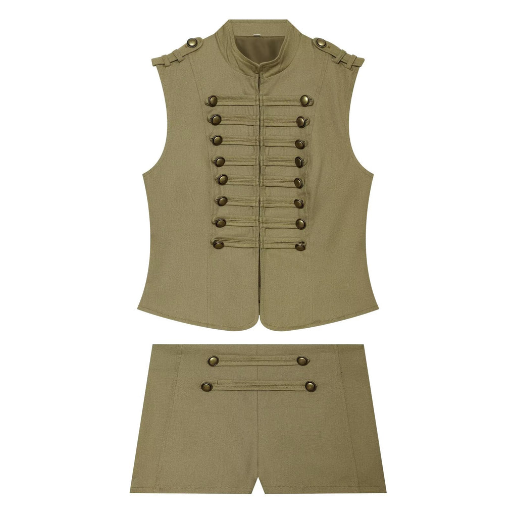 suit Women's 2 pieces button decoration short cotton vest+shorts