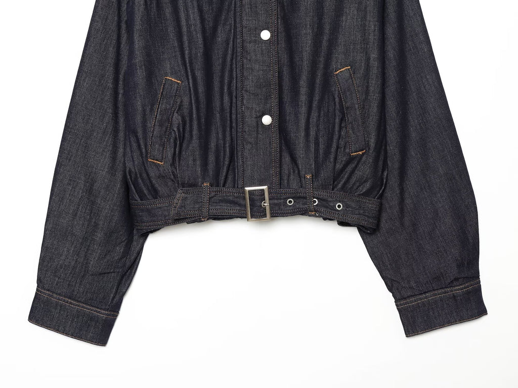 Women's waist belt decoration stand collar denim Coat